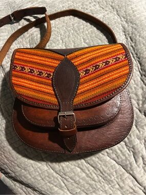 Brown Andean style Leather Crossbody purse with Orange Woven Aguayo